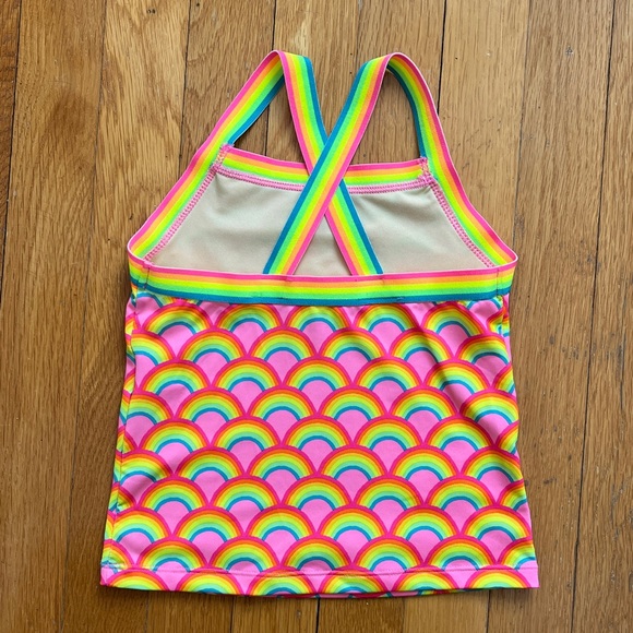 Land’s End Girls Size 5 Strappy Back Tankini Swimsuit Swim Top Neon Rainbows - Picture 2 of 6